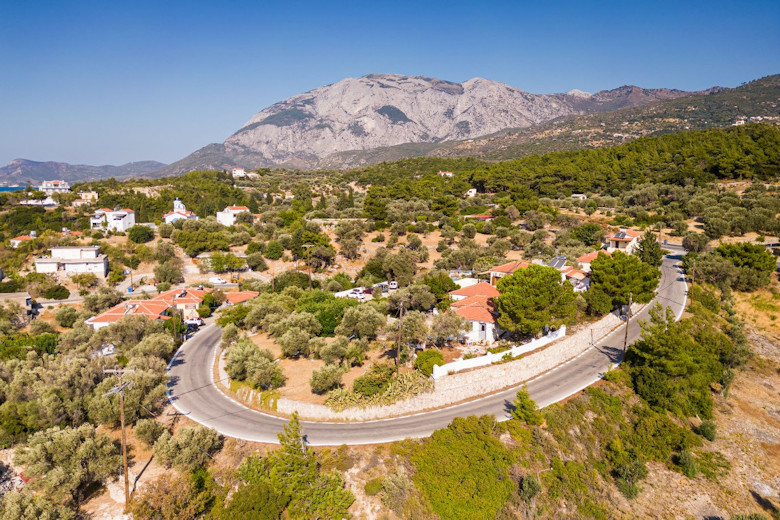 Aerial view with Mount Kerkis in the background